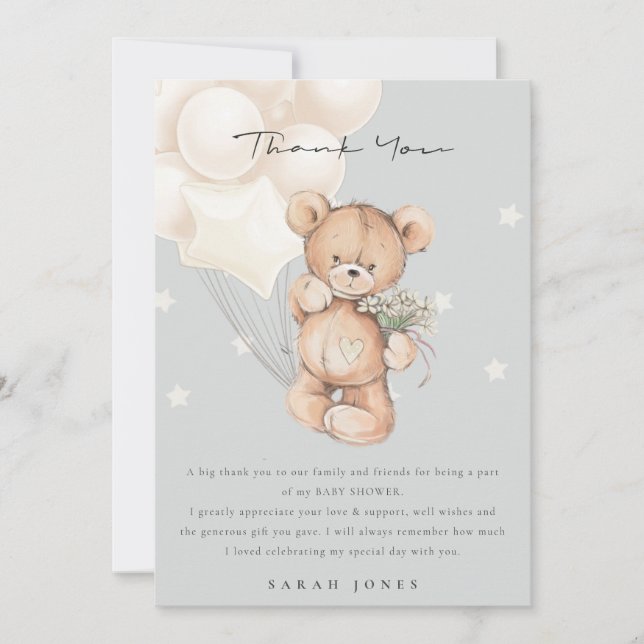 Cute Ivory Bear Bearly Wait Balloon Baby Shower Thank You Card (Front)