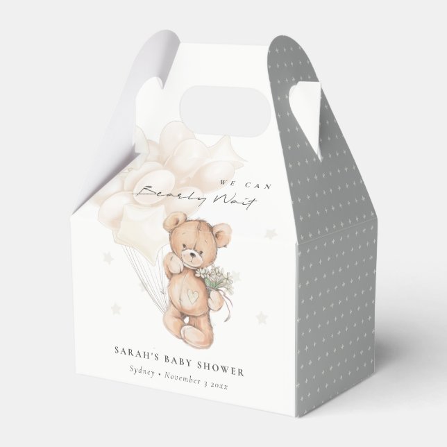 Cute Ivory Bearly Wait Bear Balloon Baby Shower Favor Box (Front Side)
