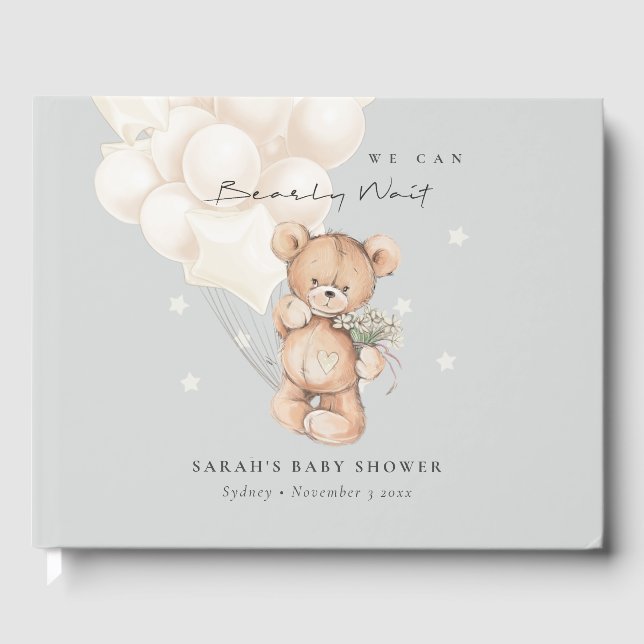 Cute Ivory Bearly Wait Bear Balloon Baby Shower Guest Book (Front)
