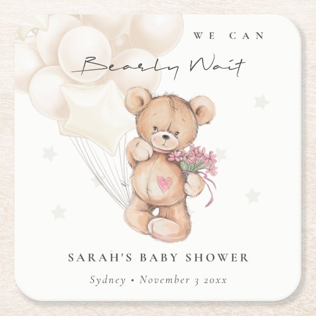 Cute Ivory Bearly Wait Bear Balloon Baby Shower Square Paper Coaster (Front)