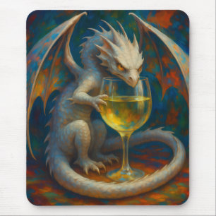 Cute Ivory Dragon & White Wine Fantasy Art Mouse Pad