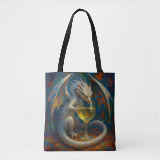 Cute Ivory Dragon & White Wine Fantasy Art Tote Bag