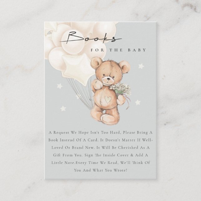 Cute Ivory Grey Bear Balloon Books For Baby Shower Enclosure Card (Front)