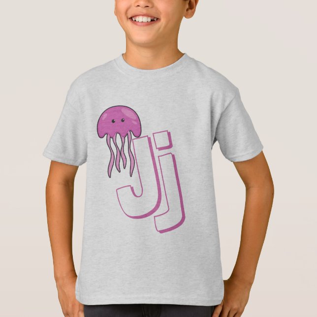Cute J For Jelly Fish - Kids English ABCD Alphabet T-Shirt (Front)