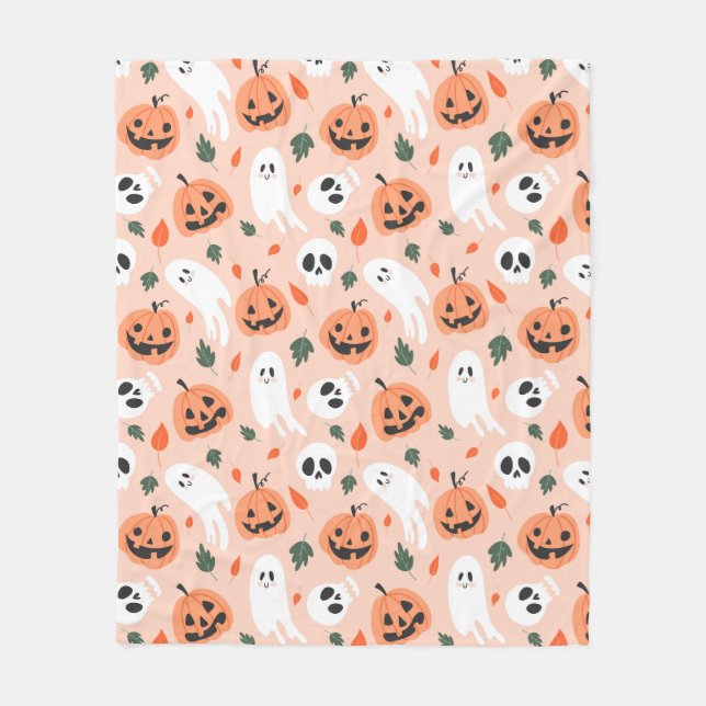 Cute Jack-O-Lantern & Ghost Pattern Fleece Blanket (Front)