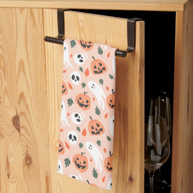 Cute Jack-O-Lantern & Ghost Pattern Kitchen Towel (Thirds Fold)