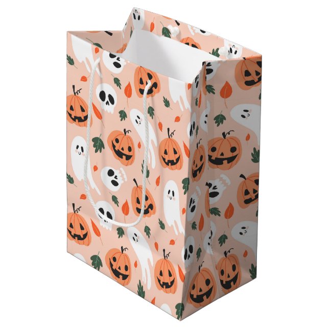 Cute Jack-O-Lantern & Ghost Pattern Medium Gift Bag (Front Angled)