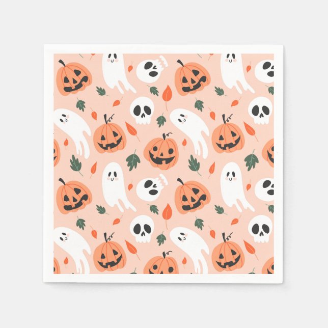 Cute Jack-O-Lantern & Ghost Pattern Napkin (Front)