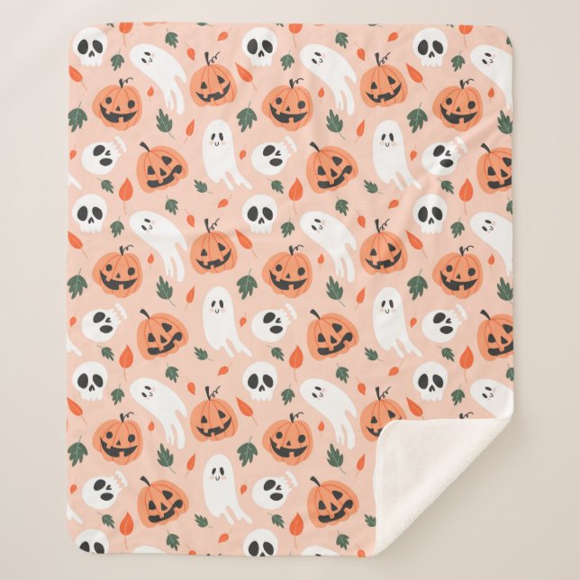 Cute Jack-O-Lantern & Ghost Pattern Sherpa Blanket (Front)