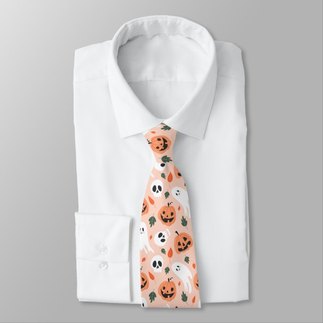 Cute Jack-O-Lantern & Ghost Pattern Tie (Tied)