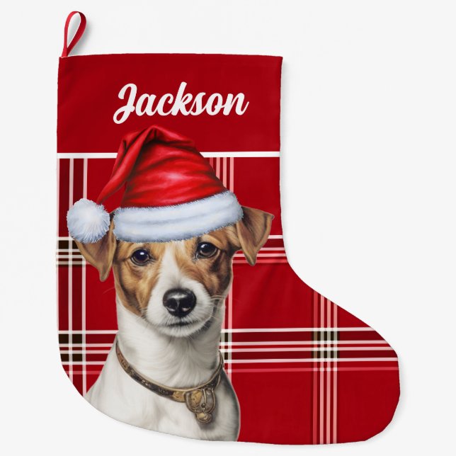 Cute Jack Russell Dog Red Plaid Personalized Large Christmas Stocking (Front)