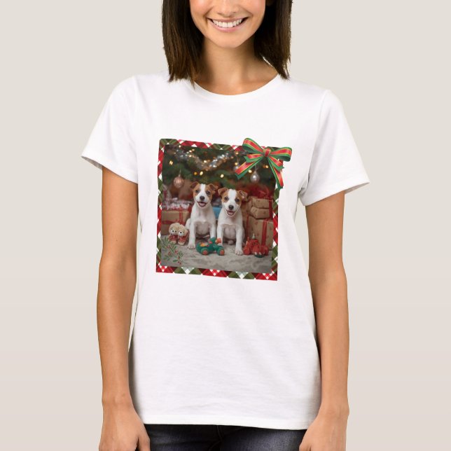 Cute Jack Russell Terrier Puppies and Christmas T-Shirt (Front)