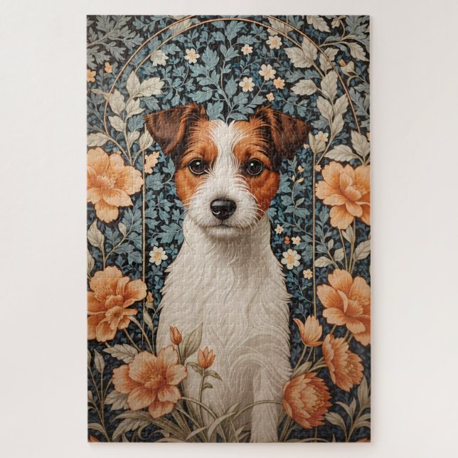 Cute Jack Russell Terrier William Morris Inspired Jigsaw Puzzle (Vertical)
