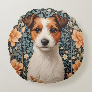 Cute Jack Russell Terrier William Morris Inspired Round Pillow