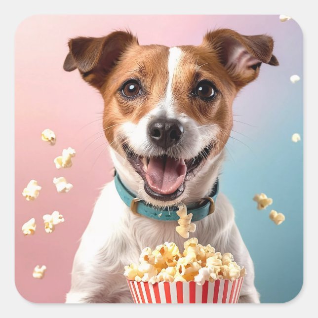 Cute Jack Russell Terrier With Popcorn Square Sticker (Front)