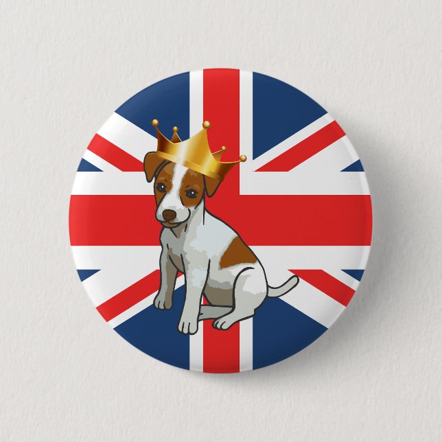 Cute Jack Russell wearing a Crown and Union Jack 2 Inch Round Button (Front)