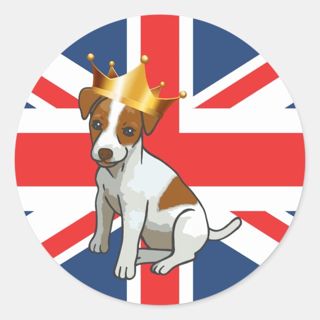 Cute Jack Russell wearing a Crown and Union Jack Classic Round Sticker (Front)
