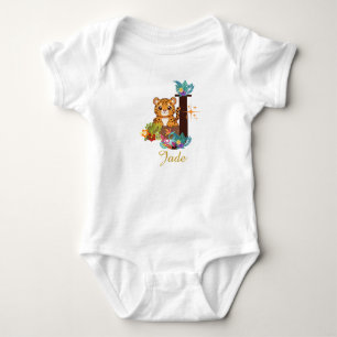 Cute Jaguar Alphabet Letter J Floral Baby Bodysuit
