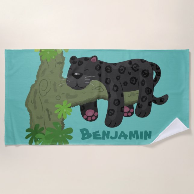 Cute jaguar black panther cartoon illustration beach towel (Front)