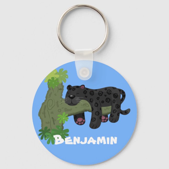 Cute jaguar black panther cartoon illustration keychain (Front)