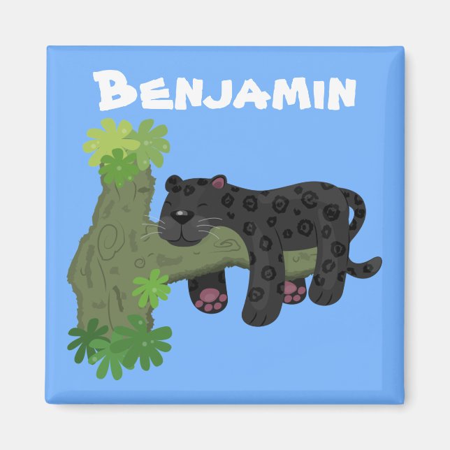 Cute jaguar black panther cartoon illustration magnet (Front)