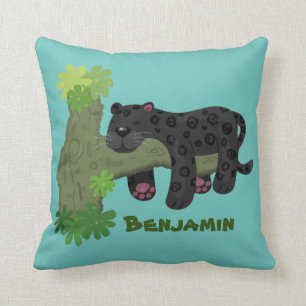 Cute jaguar black panther cartoon illustration throw pillow