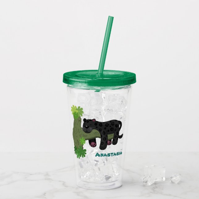 Cute jaguar black panther cat cartoon illustration acrylic tumbler (Back Ice)
