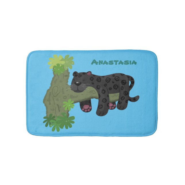 Cute jaguar black panther cat cartoon illustration bath mat (Front)