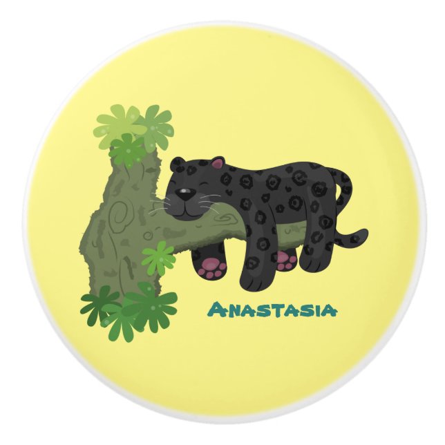 Cute jaguar black panther cat cartoon illustration ceramic knob (Front)