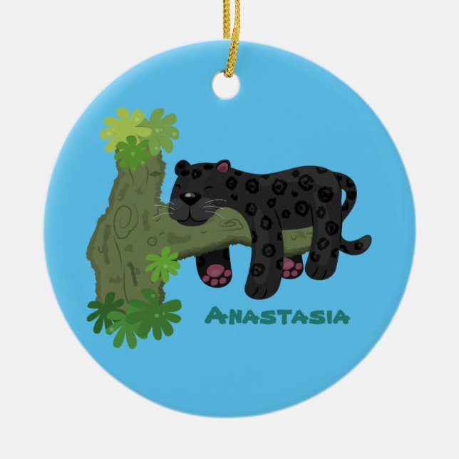 Cute jaguar black panther cat cartoon illustration ceramic ornament (Front)
