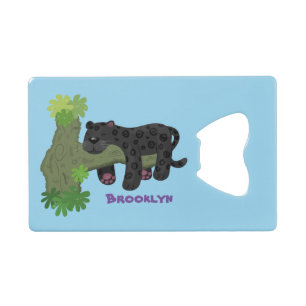 Cute jaguar black panther cat cartoon illustration credit card bottle opener