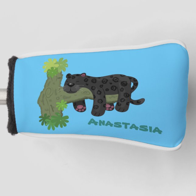 Cute jaguar black panther cat cartoon illustration golf head cover (Front)