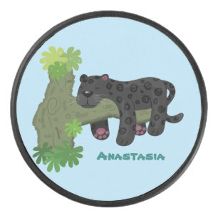 Cute jaguar black panther cat cartoon illustration hockey puck