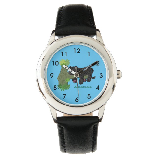 Cute jaguar black panther cat cartoon illustration watch (Front)