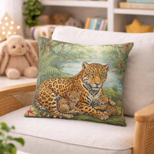 Cute Jaguar Mama And Cubs Jungle Animals  Throw Pillow