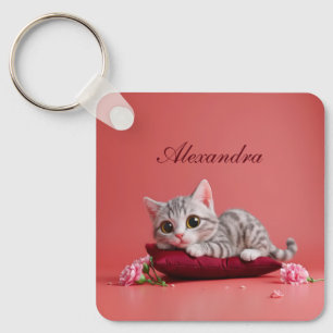 Cute January Cat with Carnations Keychain