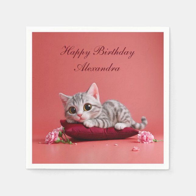 Cute January Cat with Carnations Napkin (Front)