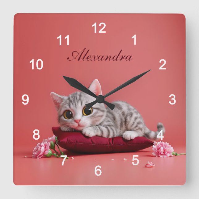 Cute January Cat with Carnations Square Wall Clock (Front)