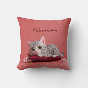 Cute January Cat with Carnations Throw Pillow