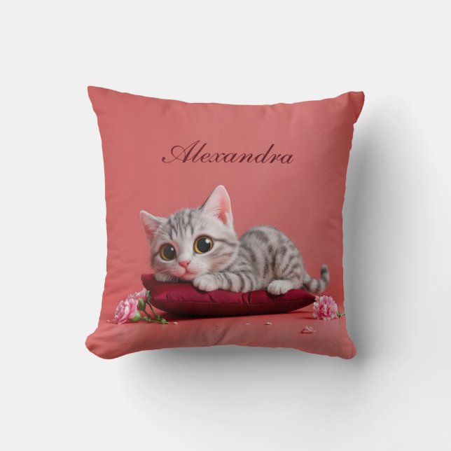 Cute January Cat with Carnations Throw Pillow (Front)
