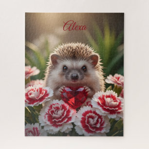 Cute January Hedgehog with Garnet Heart Jigsaw Puzzle