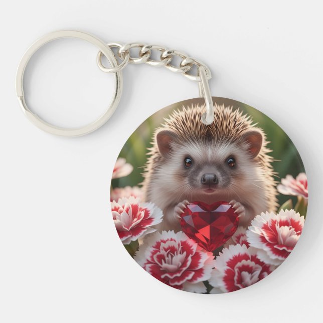 Cute January Hedgehog with Garnet Heart Keychain (Front)