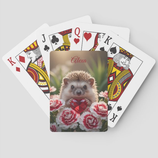 Cute January Hedgehog with Garnet Heart Playing Cards (Back)