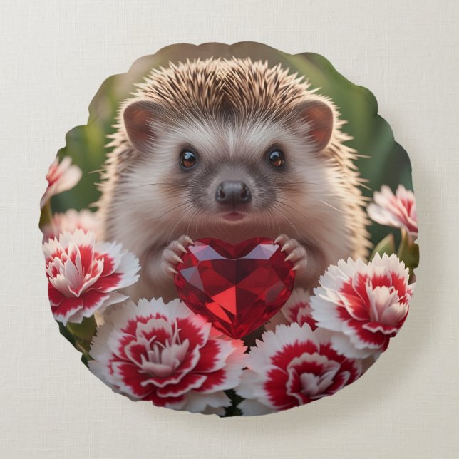 Cute January Hedgehog with Garnet Heart Round Pillow (Front)