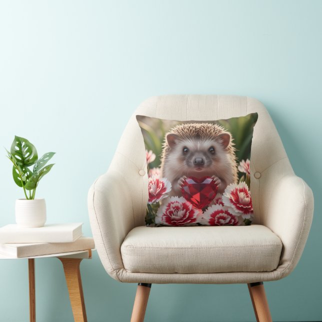 Cute January Hedgehog with Garnet Heart Throw Pillow (Chair)