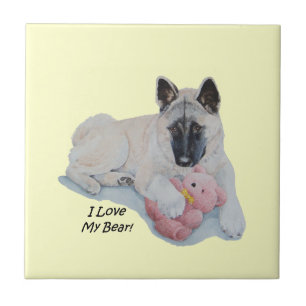 Cute Japanese akita and teddy bear realist art til Tile