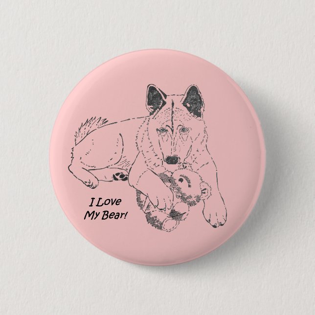 Cute Japanese akita with pink teddy bear art 2 Inch Round Button (Front)