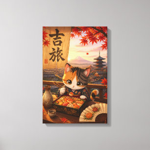 Cute Japanese Anime Cat Kimono Mount Fuji Autumn Canvas Print