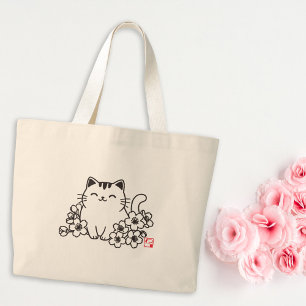 Cute Japanese Cat and Sakura with "Neko" Stamp Large Tote Bag
