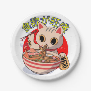 Cute Japanese Cat Eating Noodles with Chopsticks Paper Plate